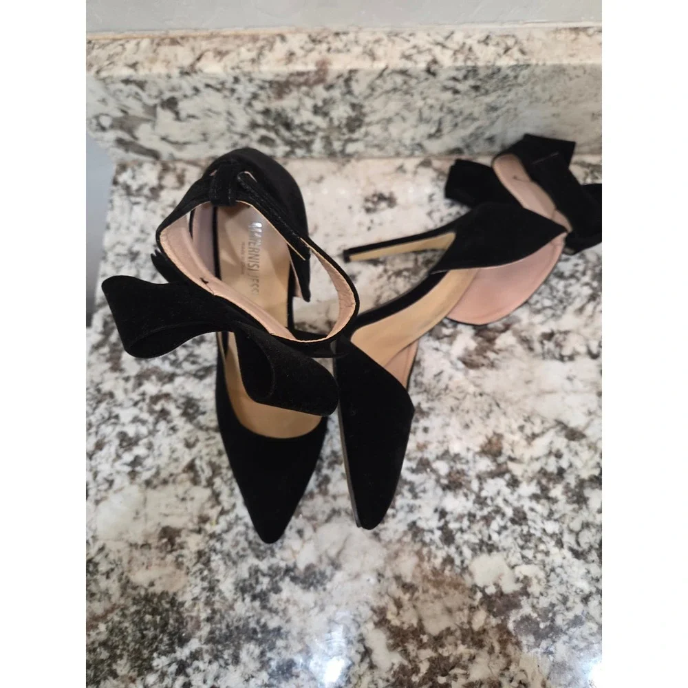 Maiernisi Jessi Black Faux Suede Pointed Toe Bow Ankle Strap Stiletto Heels 8.5